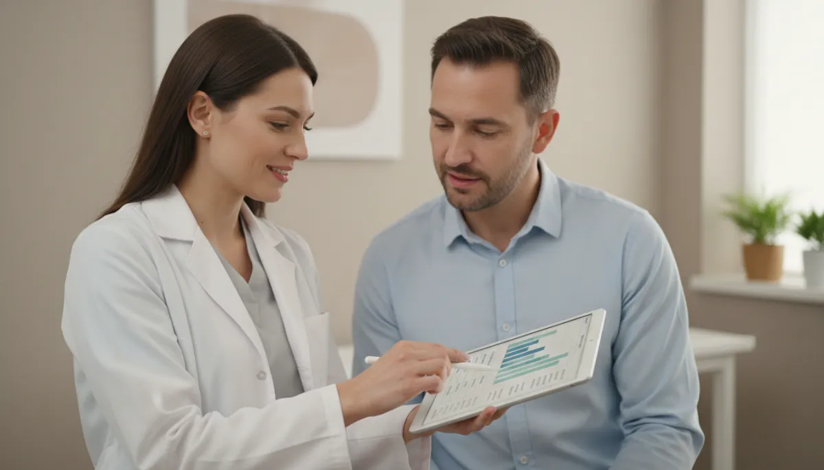 Doctor reviewing erectile dysfunction evaluation and blood test results with a male patient