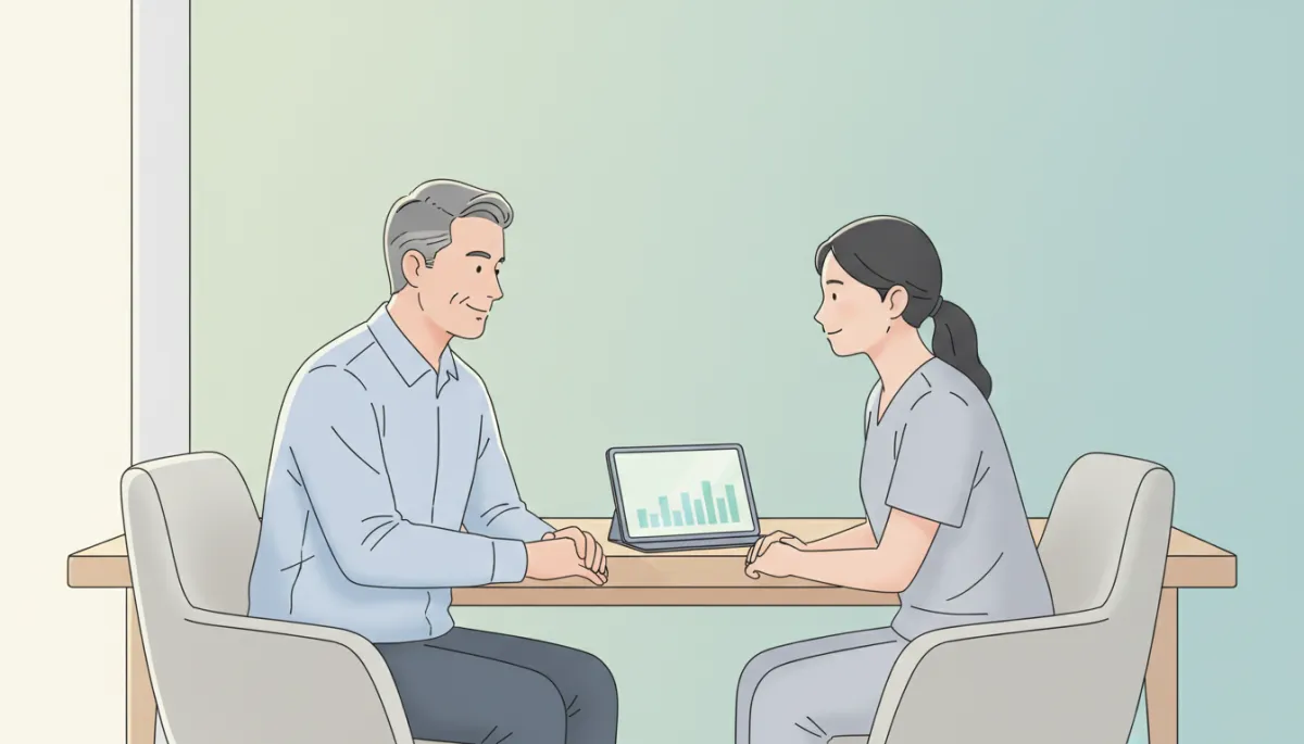 Man in his 50s talking with a healthcare provider about erectile dysfunction treatment options Man in his 50s talking with a healthcare provider about erectile dysfunction treatment options