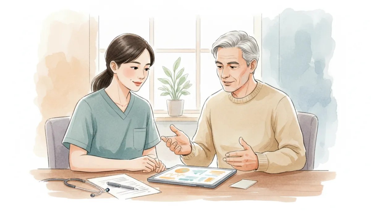 Man in his 60s discussing erectile dysfunction concerns with a healthcare professional in a clinic office Man in his 60s discussing erectile dysfunction concerns with a healthcare professional in a clinic office