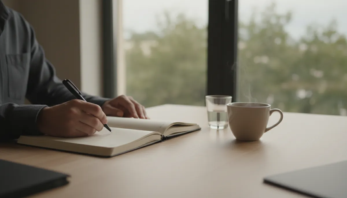 Professional photo of a person writing in a journal at a tidy desk