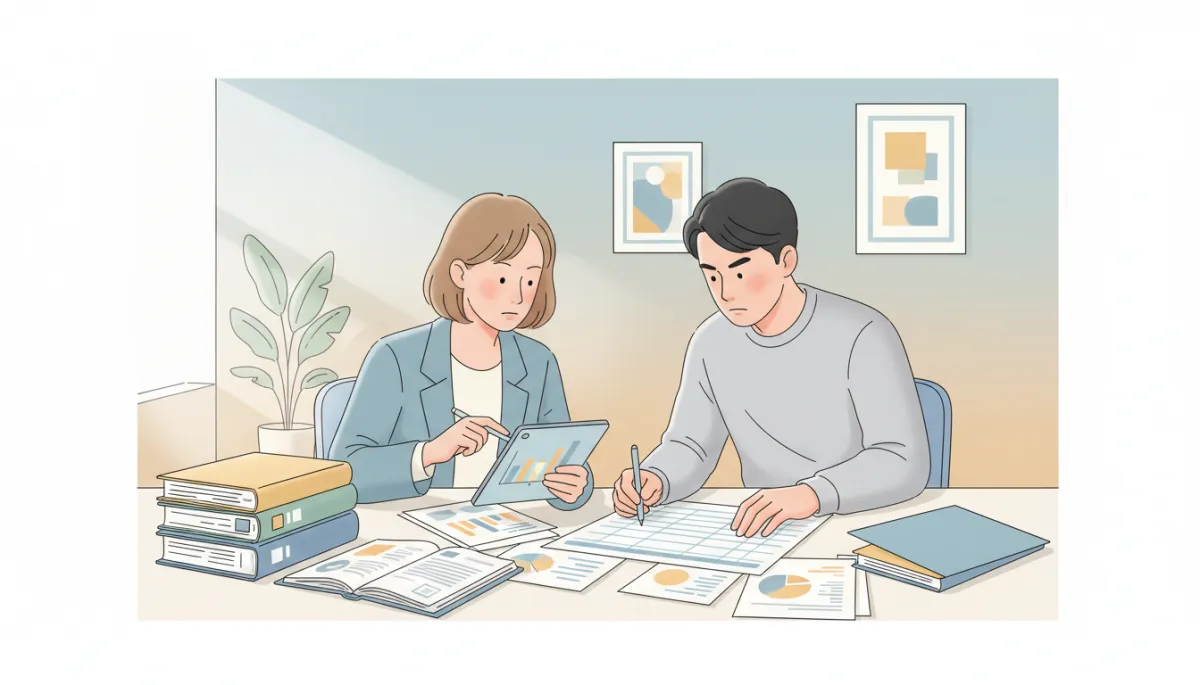 professional neutral-toned photo of two consumer advocates reviewing complaint files and spreadsheets in a modest office, soft natural light, calm and serious mood