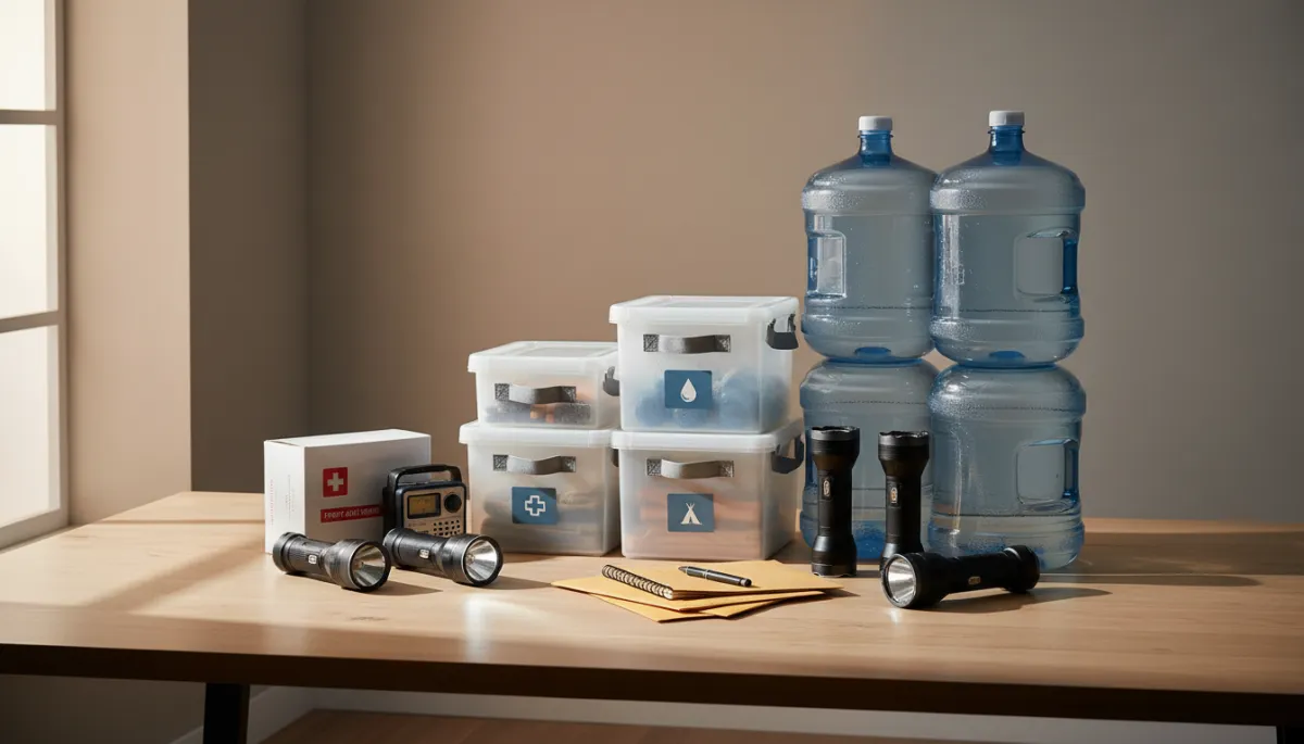 Organized emergency supplies and documents prepared in a home environment