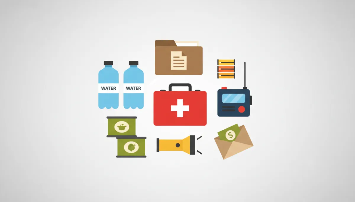 Organized emergency kit with labeled essential supplies laid out on a table