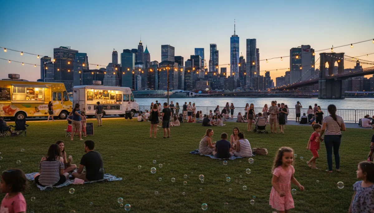 photorealistic early-evening summer scene on the Brooklyn waterfront with families and friends gathered on the grass, kids playing, food trucks lined up, string lights glowing, and the Manhattan skyline in the background