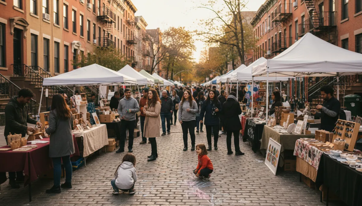 photorealistic early-evening neighborhood street market in Brooklyn, diverse residents chatting at vendor stalls, small business owners serving food and handmade goods, kids playing with chalk, brownstone buildings in background, warm neutral tones and soft natural light