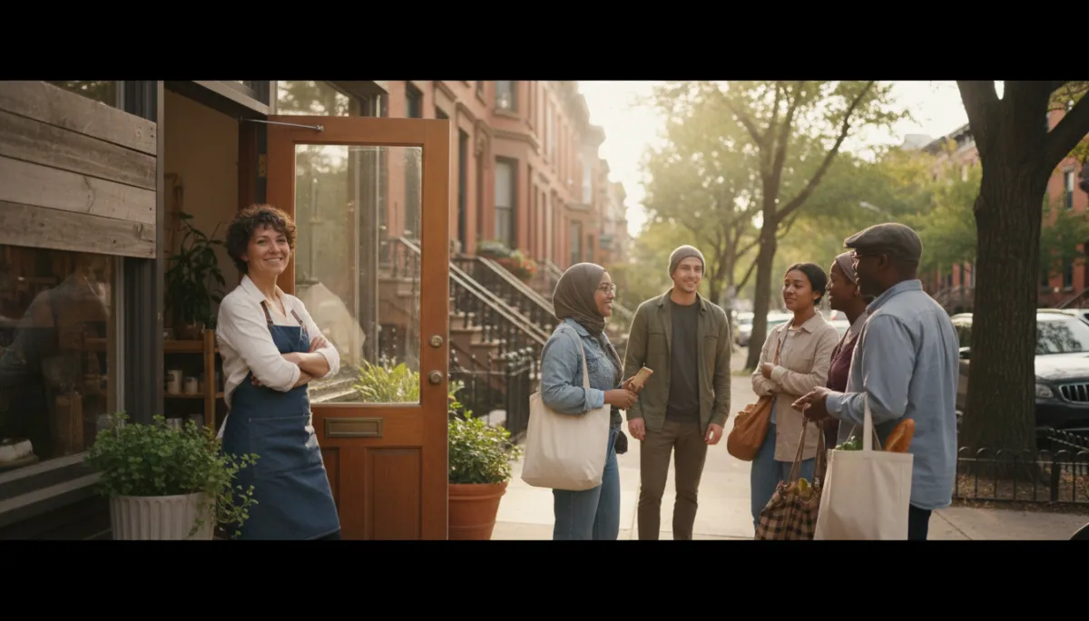 photorealistic scene of a smiling Brooklyn NY shop owner standing in the doorway of a small storefront on a tree-lined street, diverse local customers chatting outside with reusable shopping bags, warm natural light, neutral color palette