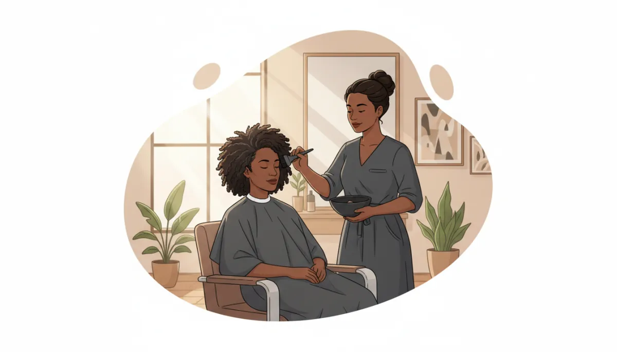 A photorealistic, high-quality image of a professional Black woman in her early 40s sitting in a modern, well-lit hair salon. She is in the stylist's chair, wearing a salon cape, with a skilled Black hairstylist gently applying hair color to her roots. The woman has natural, textured hair with subtle gray strands visible. The stylist is using a brush to apply color, highlighting the difference between gray blending and full gray coverage. The setting feels welcoming and professional, with clean, stylish decor and soft, natural lighting to emphasize the authentic hair textures and warm skin tones of both women. A photorealistic, high-quality image of a professional Black woman in her early 40s sitting in a modern, well-lit hair salon. She is in the stylist's chair, wearing a salon cape, with a skilled Black hairstylist gently applying hair color to her roots. The woman has natural, textured hair with subtle gray strands visible. The stylist is using a brush to apply color, highlighting the difference between gray blending and full gray coverage. The setting feels welcoming and professional, with clean, stylish decor and soft, natural lighting to emphasize the authentic hair textures and warm skin tones of both women.