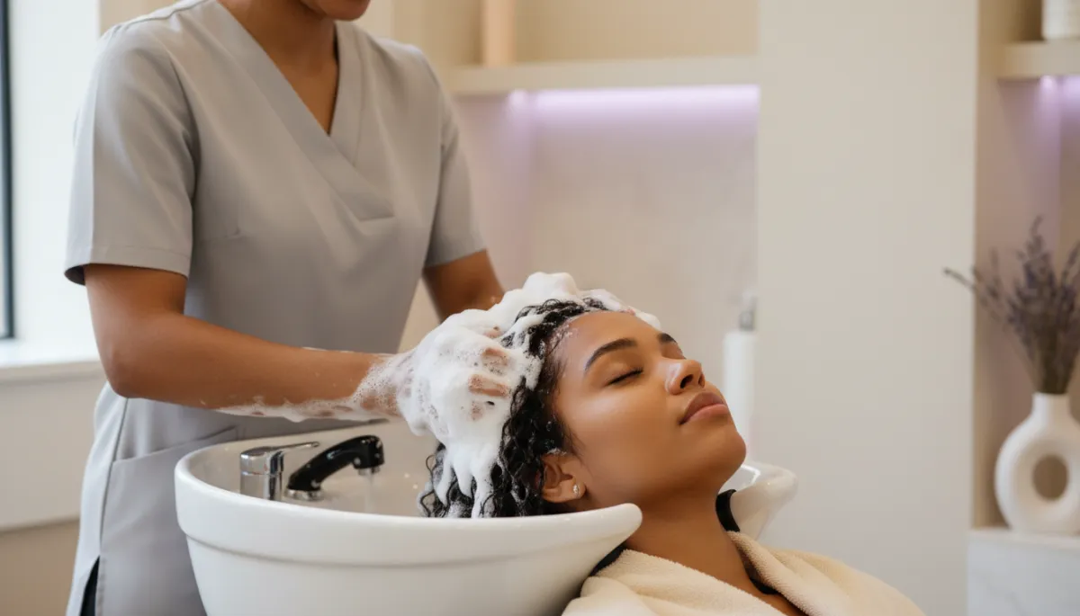 Stylist gently cleansing Type 4 hair at a salon shampoo bowl