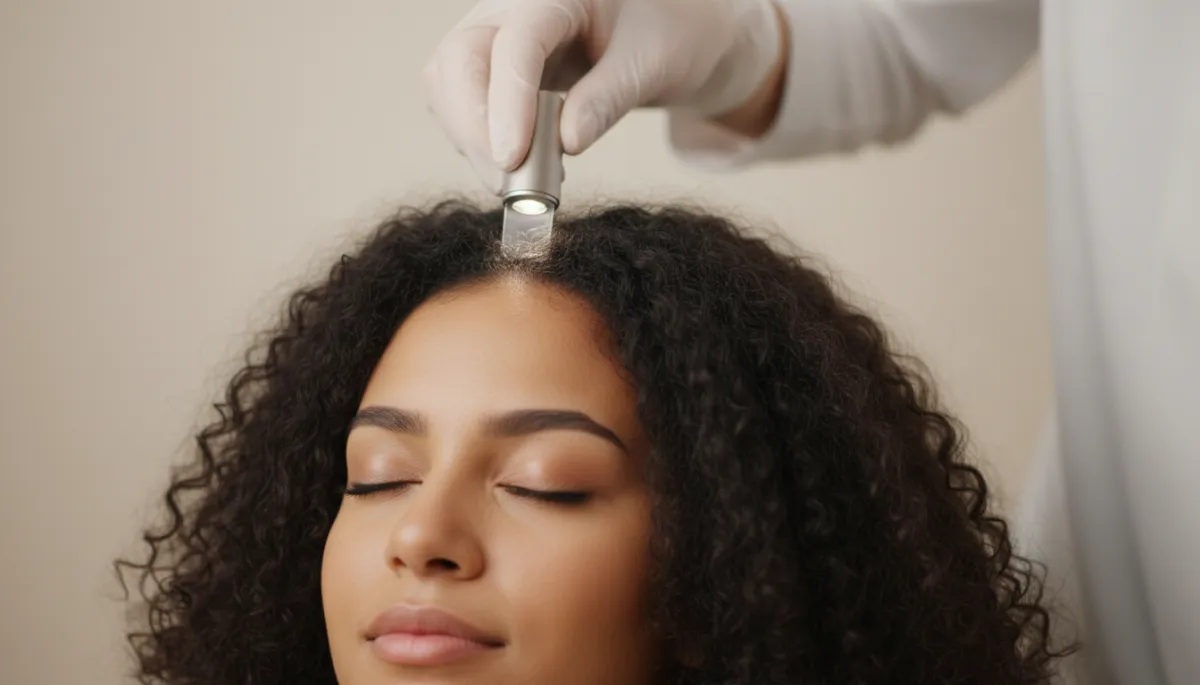 Stylist performing a gentle scalp analysis on a client with textured hair