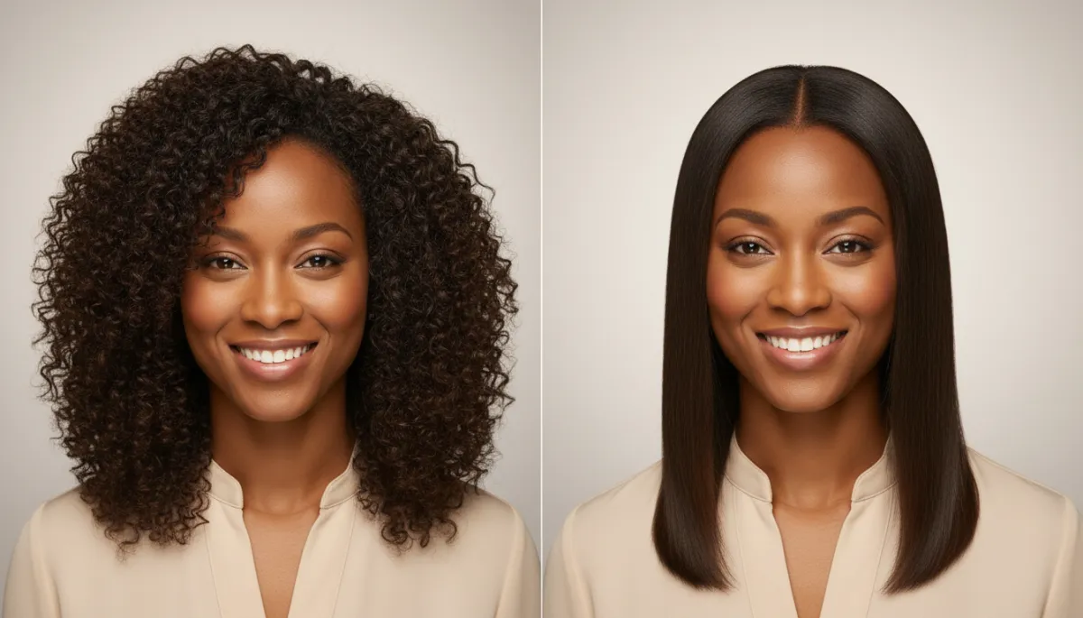Client shown with natural curls and a smooth silk press for comparison