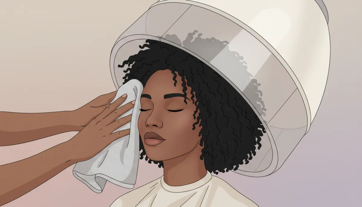 Client with Type 4 hair being gently dried under a hooded dryer