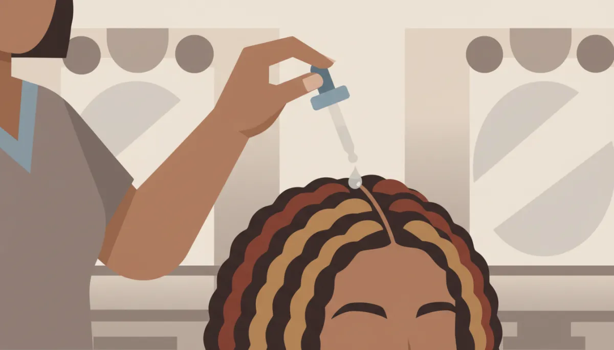 Stylist applying a light scalp serum between flat twists on natural coily hair