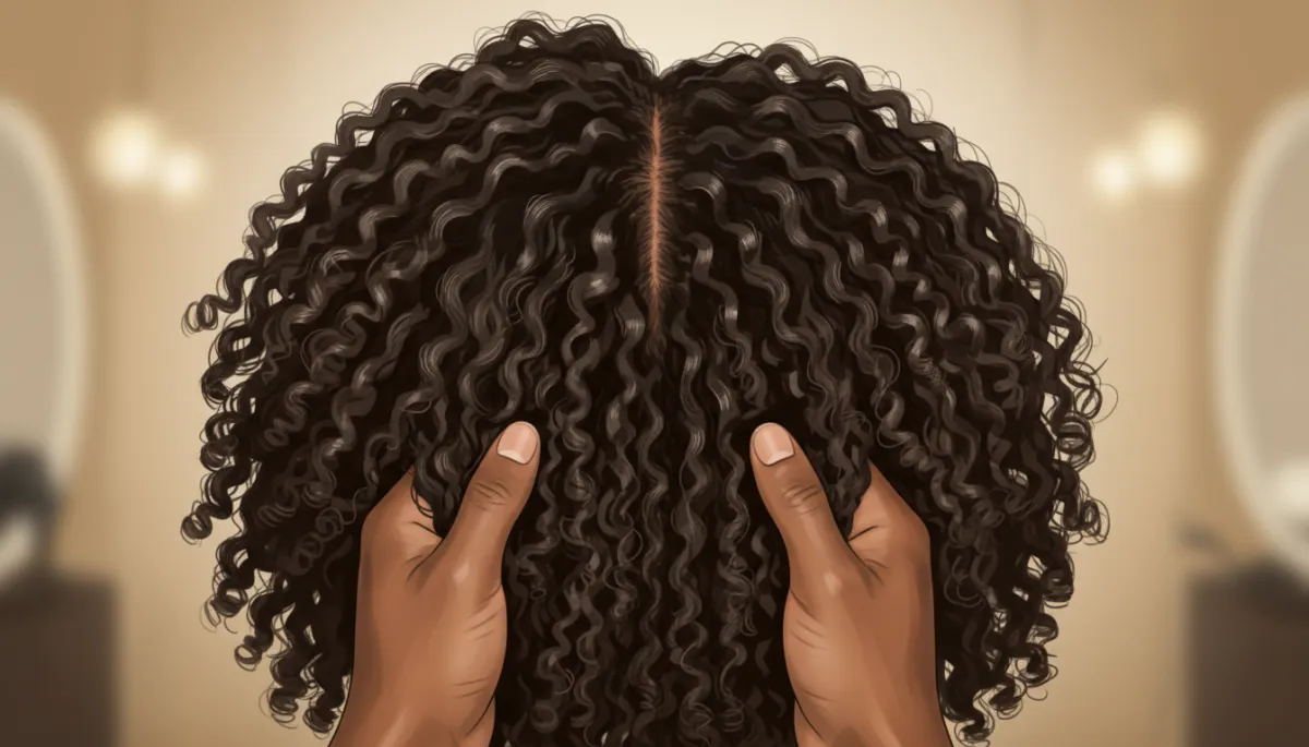 Close-up of healthy, hydrated 4A natural curls with visible definition and shine after a salon wash, on a Black or multicultural/mixed-race client. Scalp looks clean, hair is moisturized, photographed in a professional salon with bright, soft lighting and a neutral background. Hands of a Black or multicultural/mixed-race hairstylist visible in frame. Close-up of healthy, hydrated 4A natural curls with visible definition and shine after a salon wash, on a Black or multicultural/mixed-race client. Scalp looks clean, hair is moisturized, photographed in a professional salon with bright, soft lighting and a neutral background. Hands of a Black or multicultural/mixed-race hairstylist visible in frame.