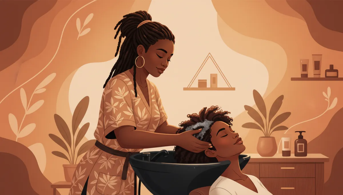 Professional image of a Black or multicultural/mixed-race cosmetologist providing a relaxing scalp massage to a Black or multicultural/mixed-race woman with natural hair during a shampoo service at a salon. Warm, inviting lighting, modern and luxurious salon setting. Professional image of a Black or multicultural/mixed-race cosmetologist providing a relaxing scalp massage to a Black or multicultural/mixed-race woman with natural hair during a shampoo service at a salon. Warm, inviting lighting, modern and luxurious salon setting.