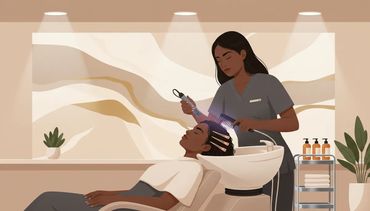 Editorial-style photo of a professional scalp treatment in progress on a Black or multicultural/mixed-race woman with natural hair at a salon. The hairstylist is Black or multicultural/mixed-race, using professional tools. Client looks comfortable and relaxed, hair and scalp appear healthy. Clean, modern, neutral-toned salon environment. Editorial-style photo of a professional scalp treatment in progress on a Black or multicultural/mixed-race woman with natural hair at a salon. The hairstylist is Black or multicultural/mixed-race, using professional tools. Client looks comfortable and relaxed, hair and scalp appear healthy. Clean, modern, neutral-toned salon environment.