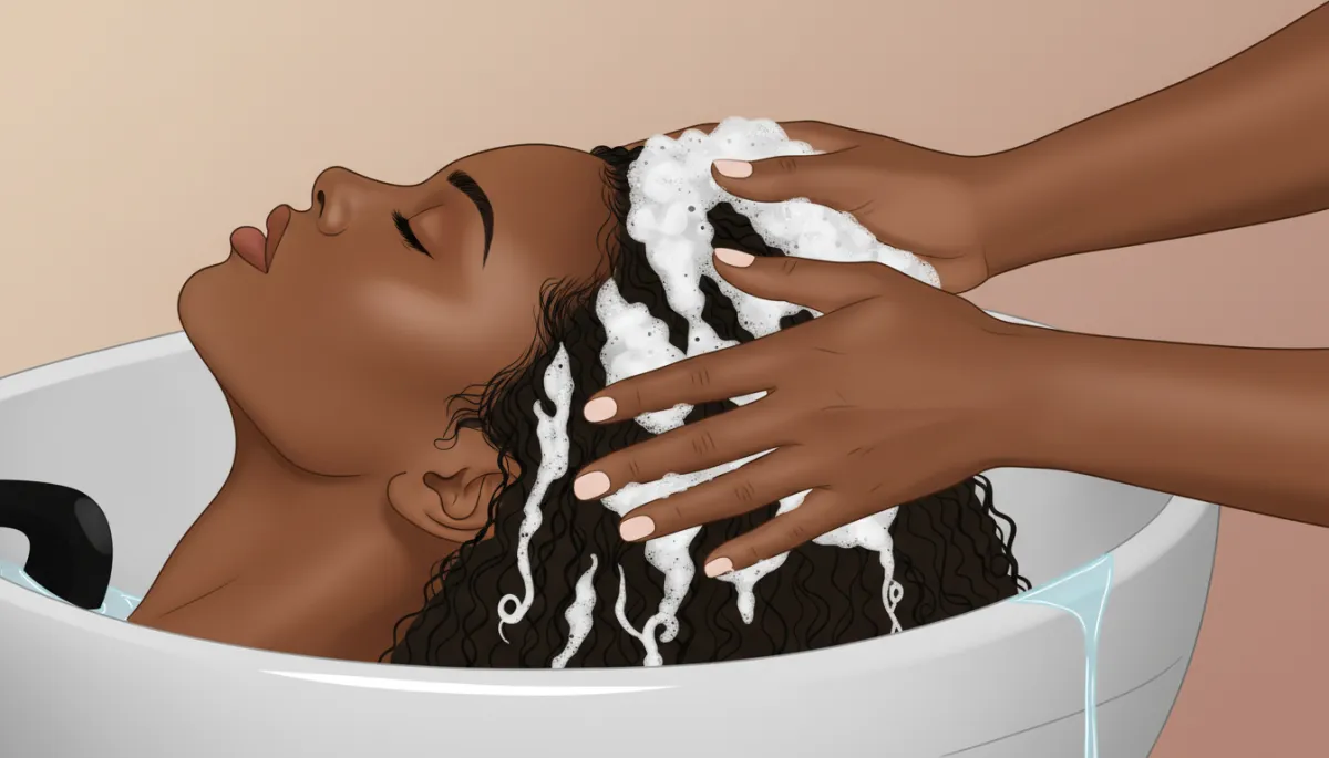 Professional photo of a Black or multicultural/mixed-race woman with natural 4C hair receiving a shampoo at a salon bowl from a Black or multicultural/mixed-race hairstylist. Focus on hands massaging shampoo into the scalp, healthy moisturized curls, and a clean scalp. Neutral, soft lighting, inclusive and authentic feel. Professional photo of a Black or multicultural/mixed-race woman with natural 4C hair receiving a shampoo at a salon bowl from a Black or multicultural/mixed-race hairstylist. Focus on hands massaging shampoo into the scalp, healthy moisturized curls, and a clean scalp. Neutral, soft lighting, inclusive and authentic feel.