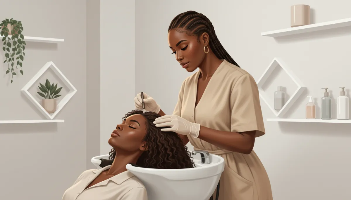 Editorial-style photo of a licensed Black or multicultural/mixed-race cosmetologist gently examining the healthy scalp and natural curls of a Black or multicultural/mixed-race woman client at a salon shampoo bowl. Clean, bright lighting, soft neutral background, authentic and modern salon environment. Editorial-style photo of a licensed Black or multicultural/mixed-race cosmetologist gently examining the healthy scalp and natural curls of a Black or multicultural/mixed-race woman client at a salon shampoo bowl. Clean, bright lighting, soft neutral background, authentic and modern salon environment.