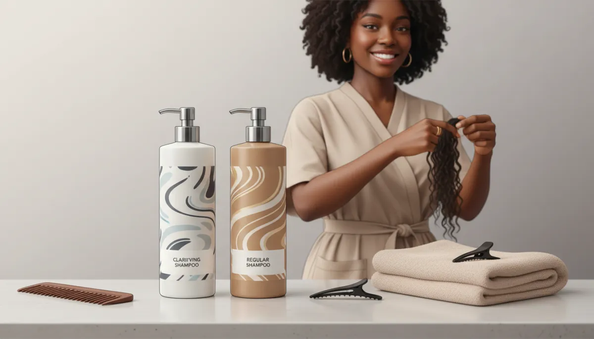 Editorial-style image showing clarifying and regular shampoo bottles designed for natural and textured hair, arranged on a clean salon counter with natural hair tools. In the background, a Black or multicultural/mixed-race hairstylist is present, emphasizing diversity. Soft neutral tones, professional, modern feel. Editorial-style image showing clarifying and regular shampoo bottles designed for natural and textured hair, arranged on a clean salon counter with natural hair tools. In the background, a Black or multicultural/mixed-race hairstylist is present, emphasizing diversity. Soft neutral tones, professional, modern feel.