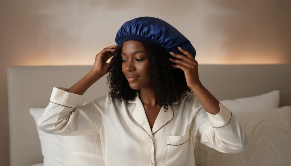 Satin bonnet protecting natural hair at night to prevent single-strand knots Satin bonnet protecting natural hair at night to prevent single-strand knots