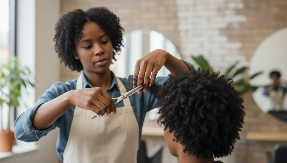 Licensed cosmetologist trimming natural hair to prevent single-strand knots and improve length retention Licensed cosmetologist trimming natural hair to prevent single-strand knots and improve length retention