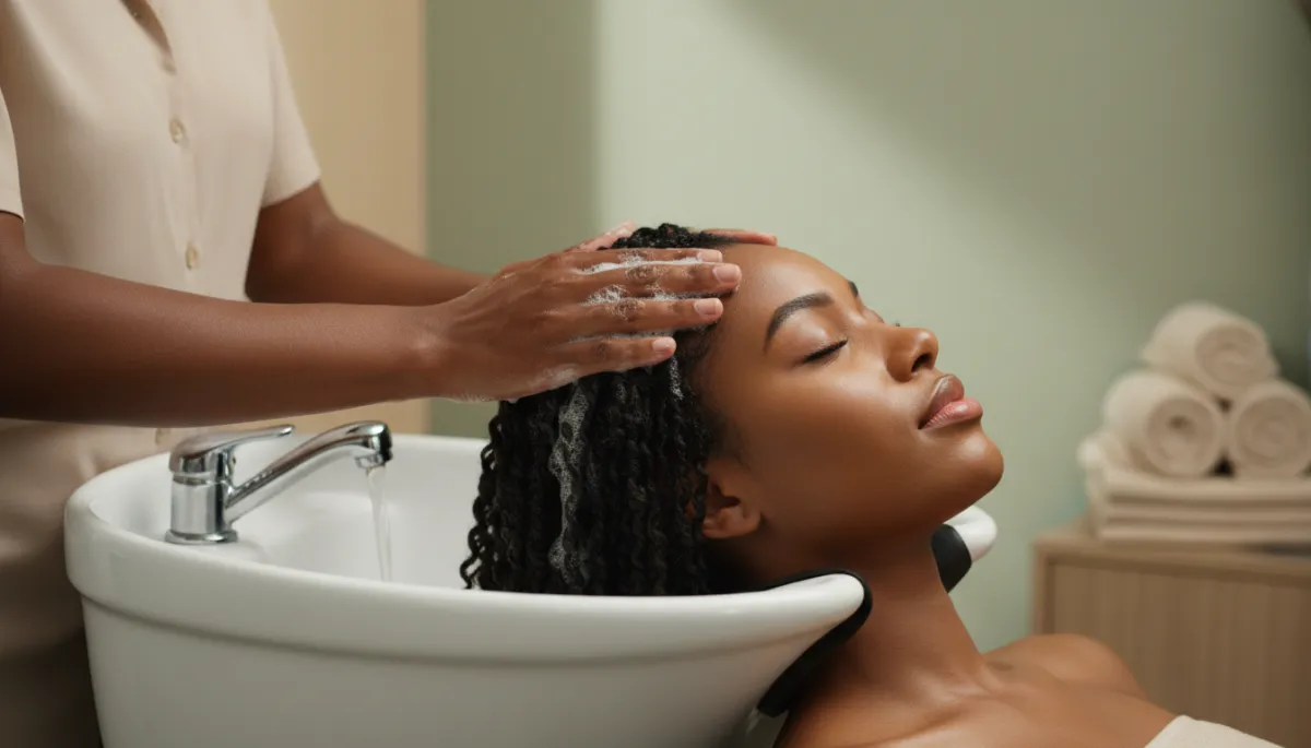 Black hairstylist gently cleansing a client's natural hair and scalp at the salon sink Black hairstylist gently cleansing a client's natural hair and scalp at the salon sink