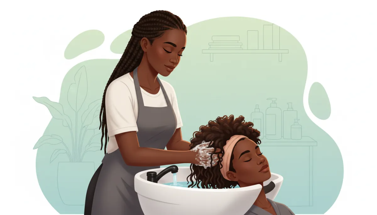 A professional salon setting featuring a Black hair stylist gently cleansing a Black client's coily, afro-textured hair at the shampoo bowl. The atmosphere is calm with soft lighting, showing care and comfort. Both stylist and client have natural hair, with a focus on coils or afro texture.