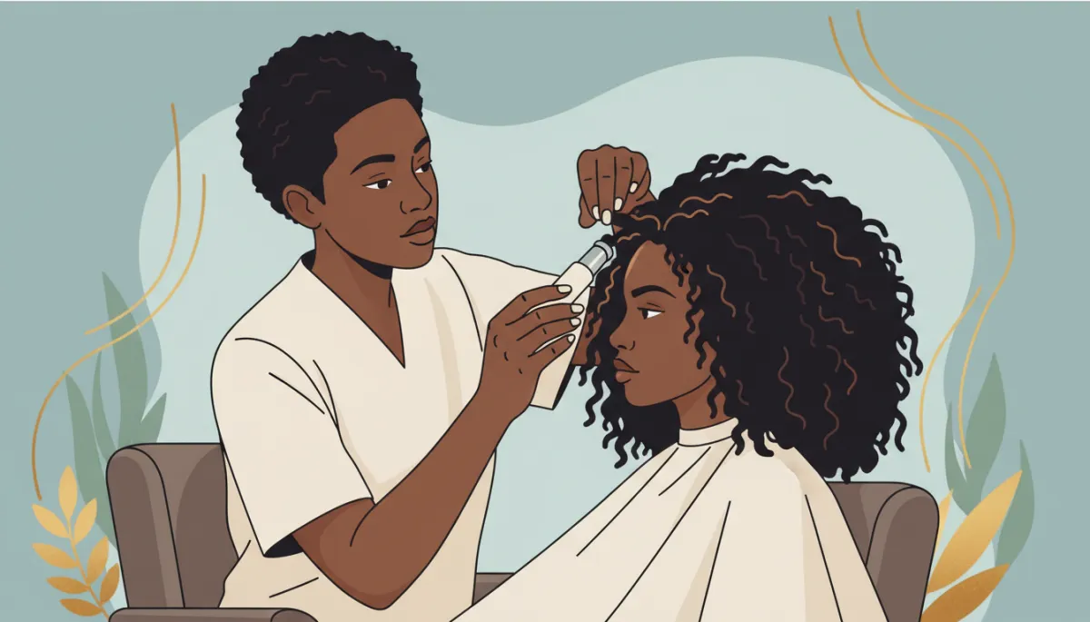 A Black hair stylist examining the healthy scalp and coily, afro-textured hair of a Black client in a modern salon. The image highlights textured hair, scalp care, and the stylist-client interaction, both with natural curly or coily hair types.
