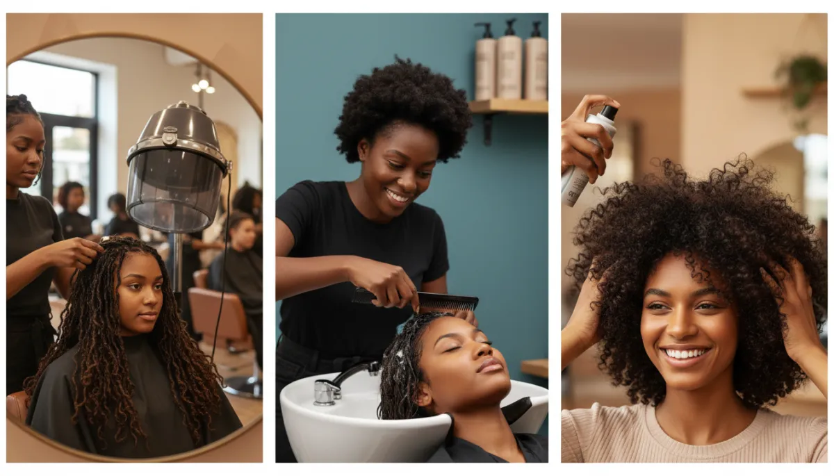 Black hair stylists scientifically assessing scalp health and cleansing Black clients' afro, coily, and curly hair types in a modern salon. Context: This supports a science-backed discussion of how often to wash natural hair for optimal Black hair and scalp health.