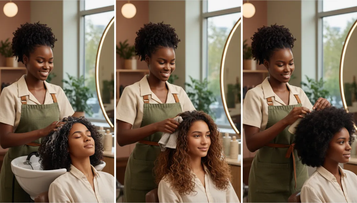 photos with realistic black female hairstylists and clients with afro, coily and curly hairtypes. Context: This is for a blog post about "How Often Should You Wash Natural Hair?". Style: Professional quality, photorealistic, high resolution