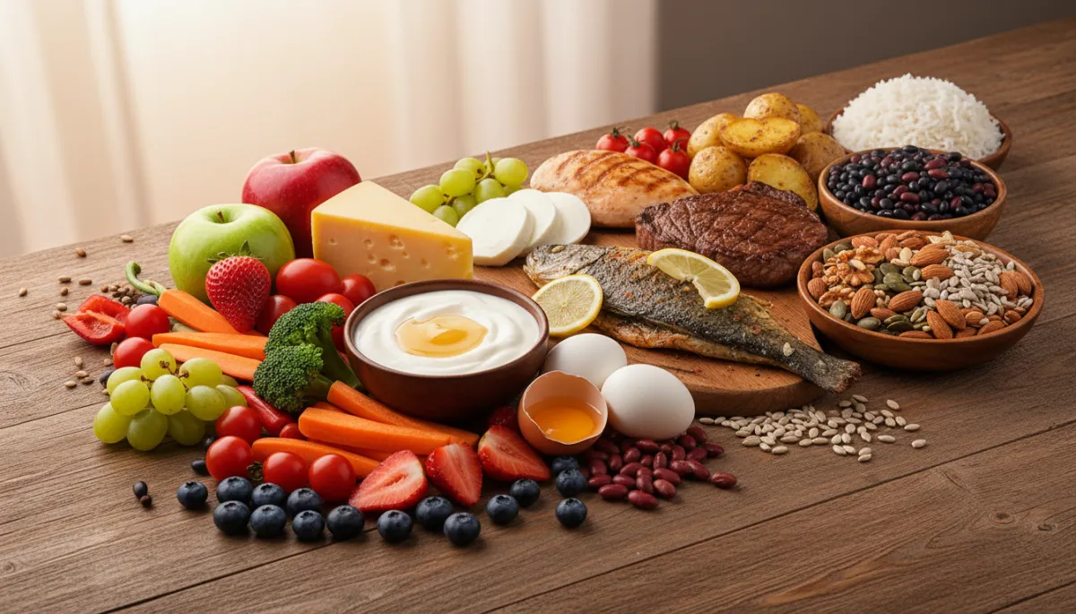 Naturally gluten-free foods including fruit, vegetables, eggs, rice, potatoes, yogurt, and chicken. Naturally gluten-free foods including fruit, vegetables, eggs, rice, potatoes, yogurt, and chicken.