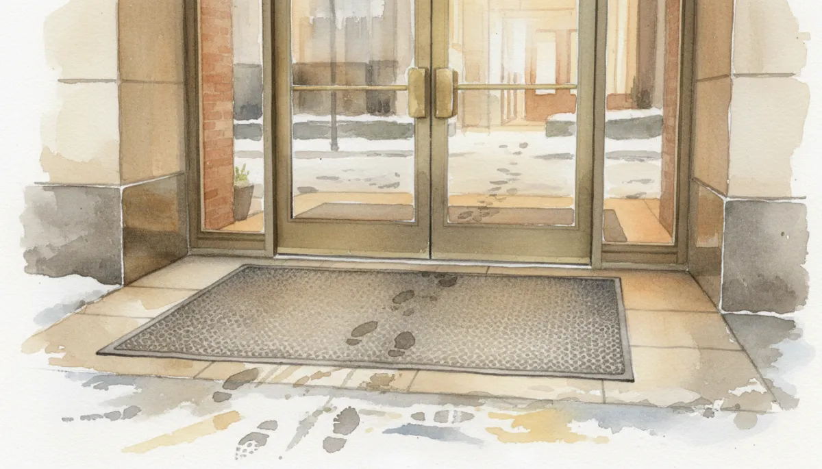 Commercial entryway with layered mats capturing winter moisture and debris