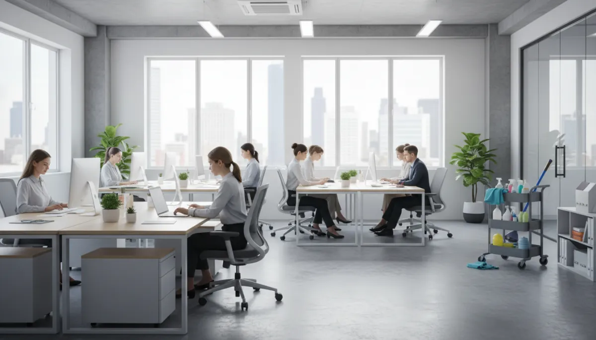 Modern open-plan office, spotless and well-organized, boosting productivity