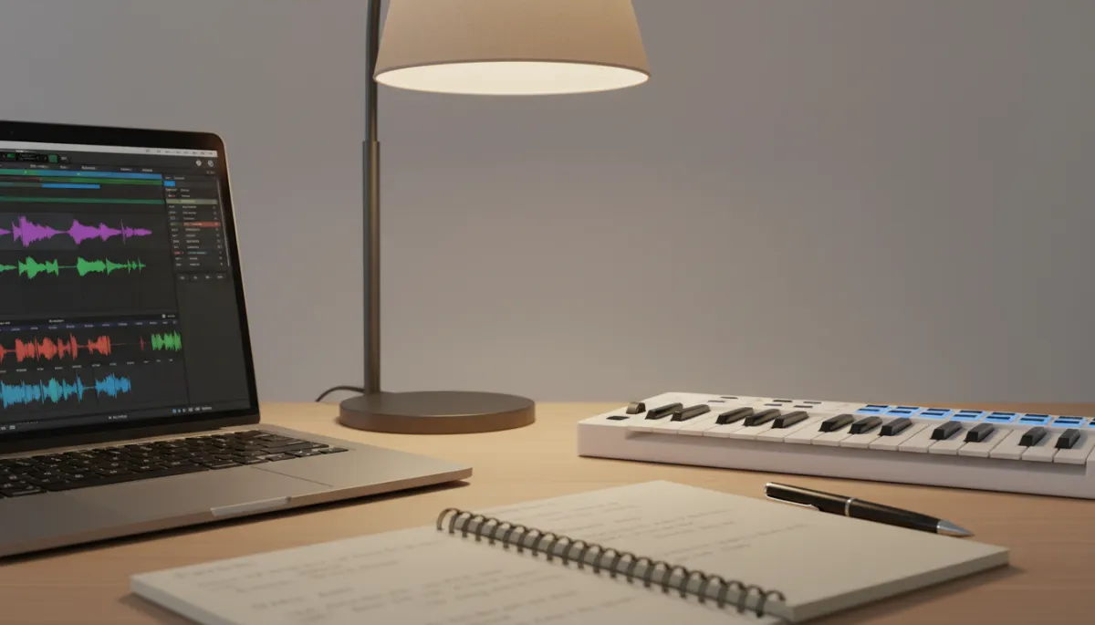 Minimalist professional music production desk with laptop and MIDI keyboard