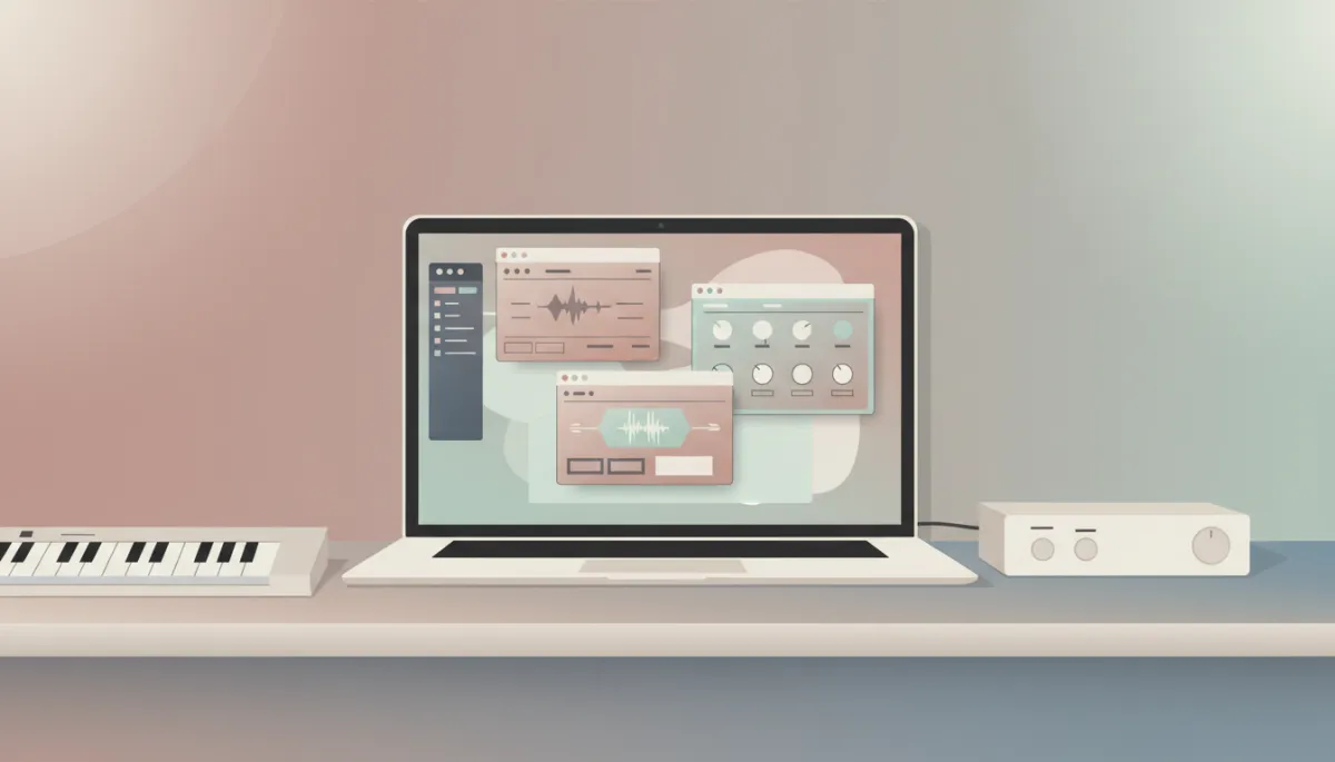 Ableton Live session with virtual instruments and effects in a modern studio