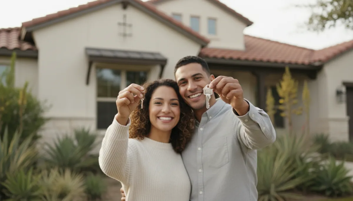 Photorealistic happy first-time home buyer couple holding keys in front of their San Antonio house