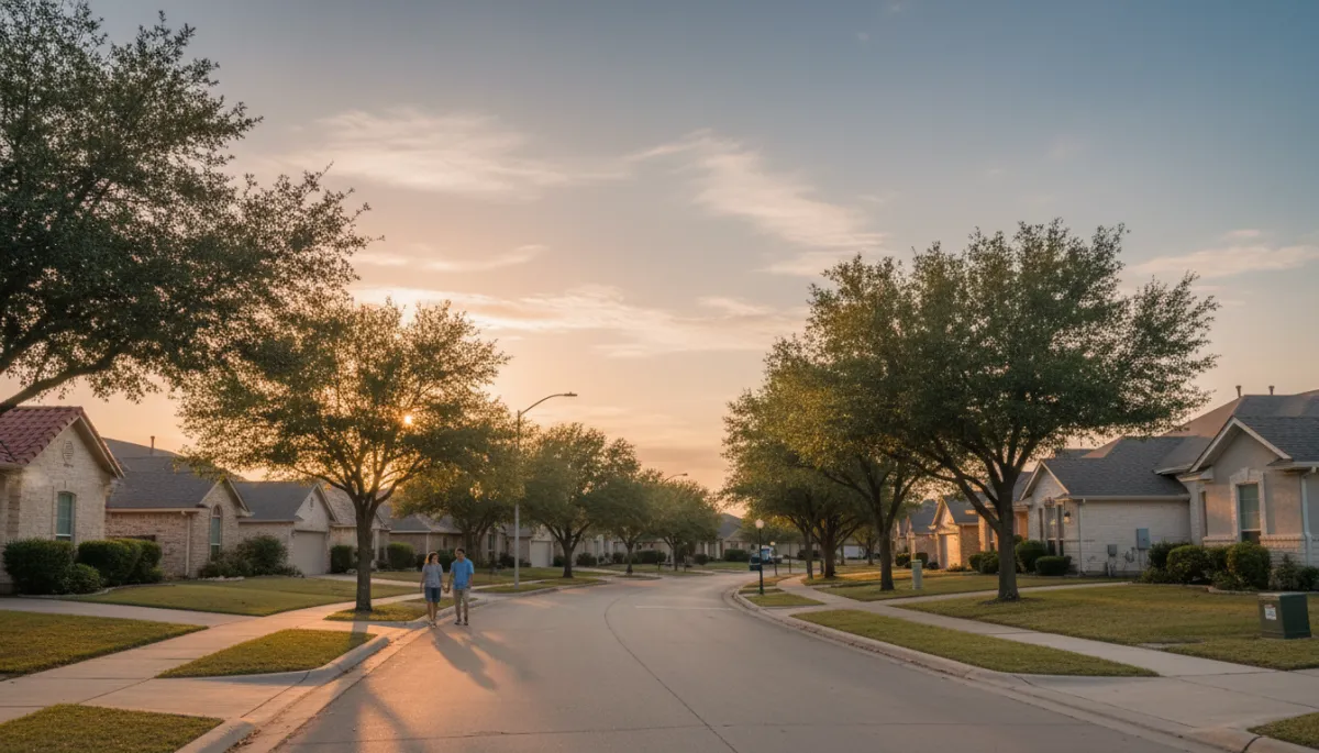 photorealistic neutral-toned sunset view of a quiet San Antonio neighborhood with tree-lined streets, well-kept single-family homes, and a couple walking on the sidewalk, soft warm lighting