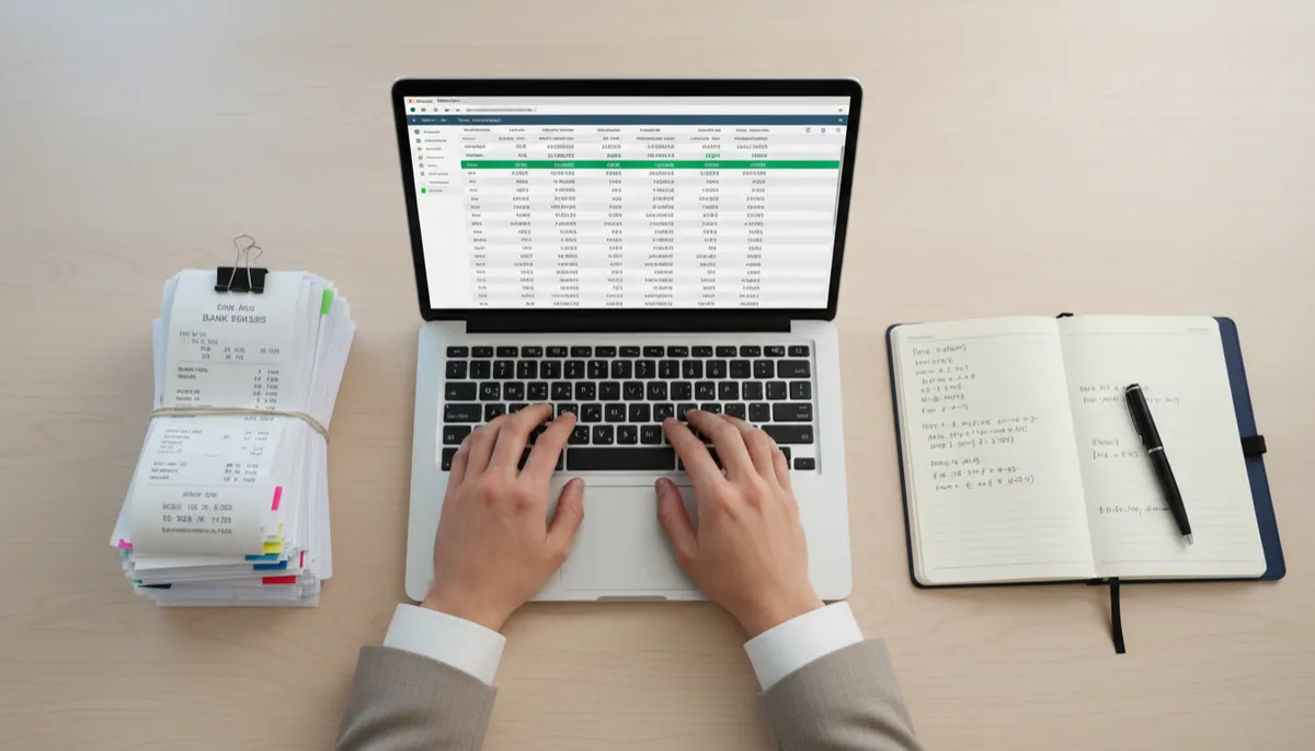 Professional bookkeeper reconciling bank statements in a calm, organized workspace Professional bookkeeper reconciling bank statements in a calm, organized workspace