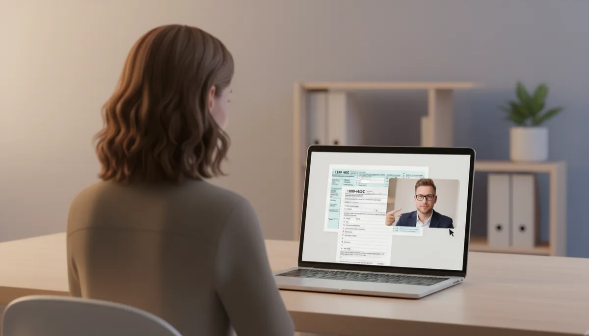 Small business owner reviewing 1099 forms with a virtual bookkeeping professional
