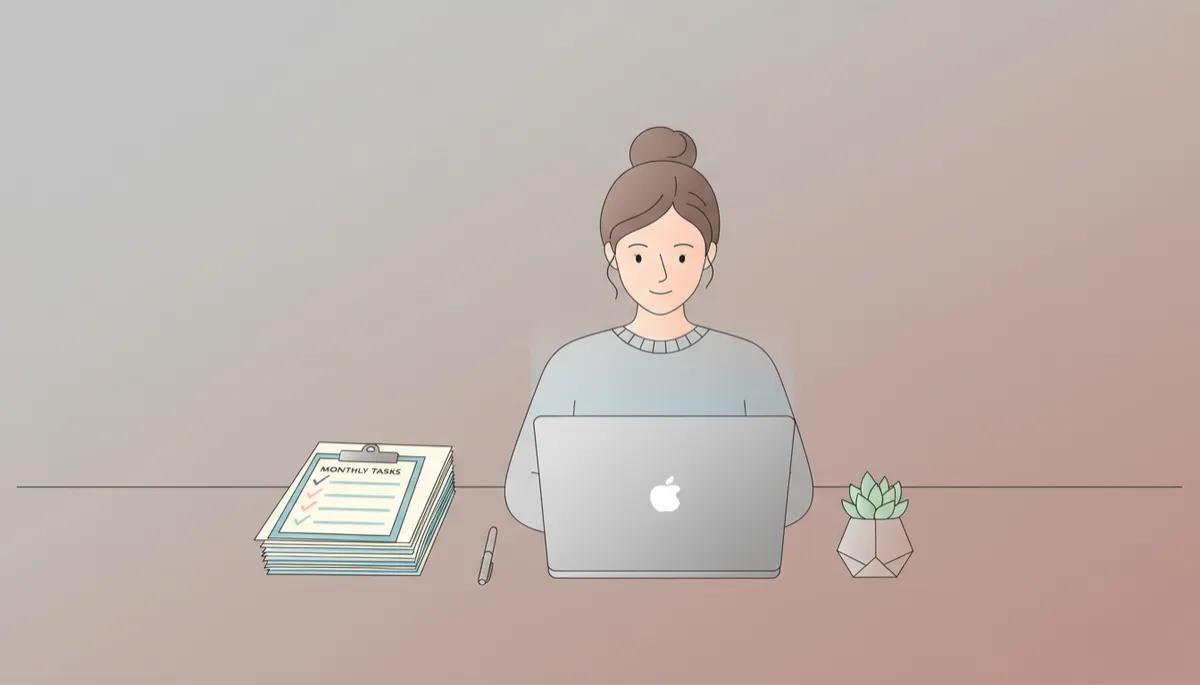 Bookkeeper organizing monthly financial records and reports