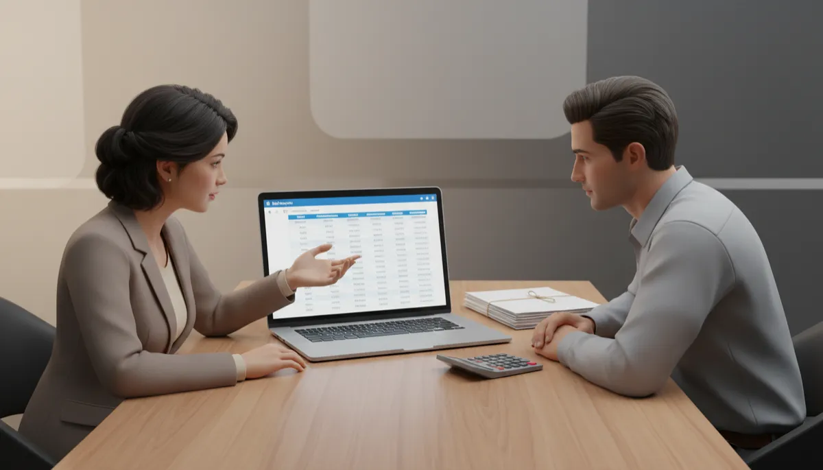Bookkeeper and business owner reviewing a cleaned-up balance sheet together