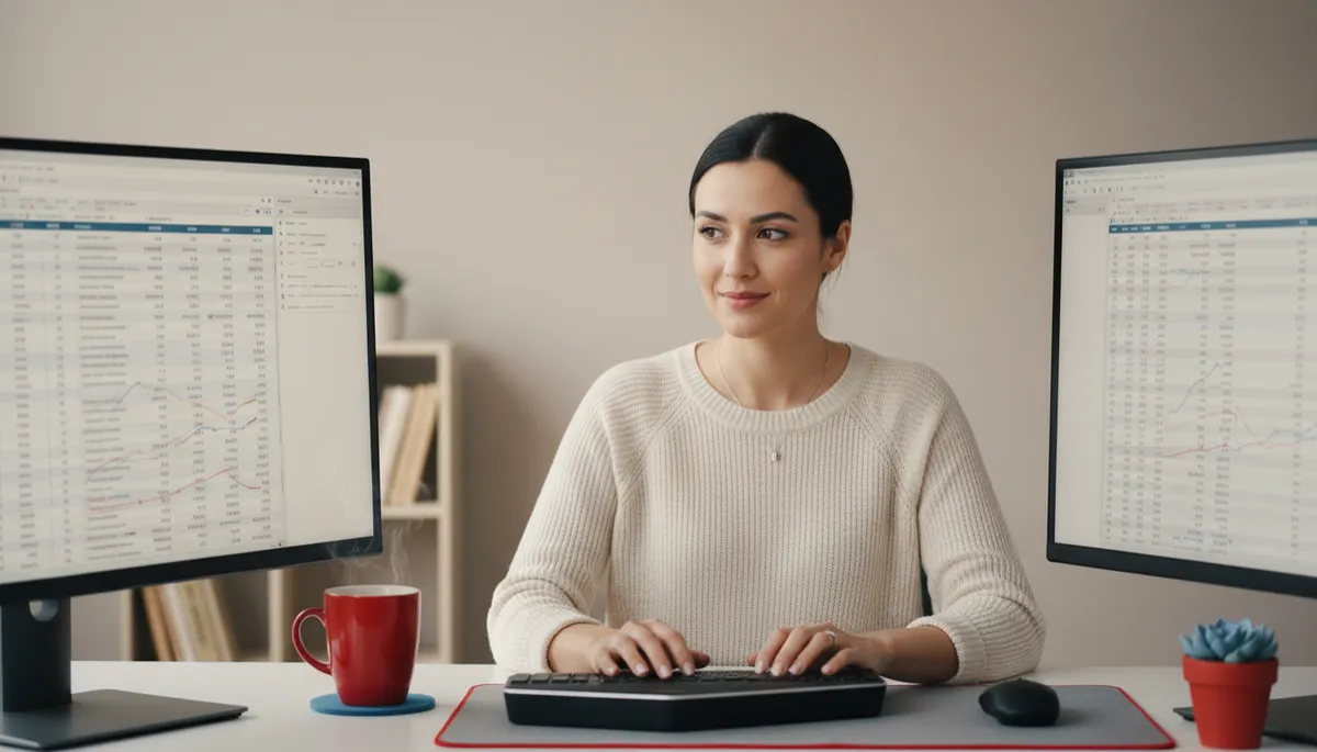 Virtual bookkeeper reconciling small business accounts on dual monitors