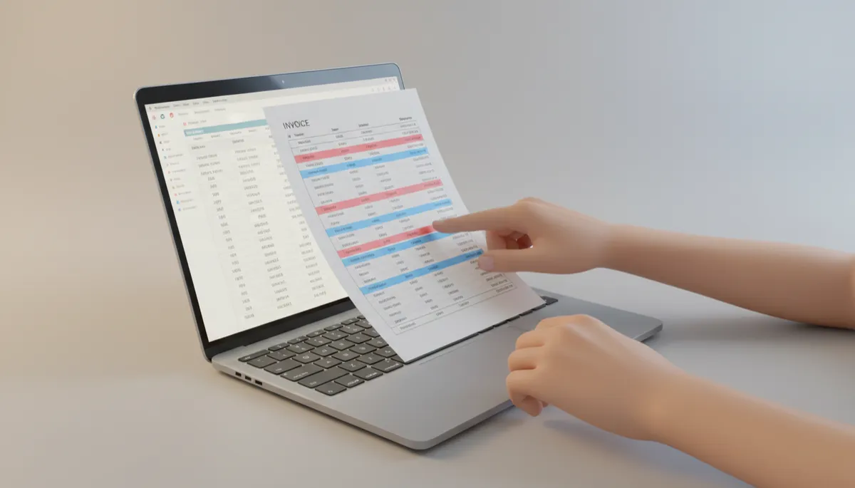 Bookkeeper carefully reviewing a vendor invoice for signs of fraud