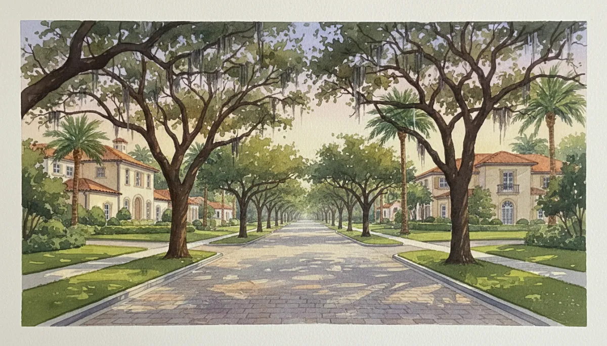 Tree-lined residential street with Mediterranean-style homes in Coral Gables