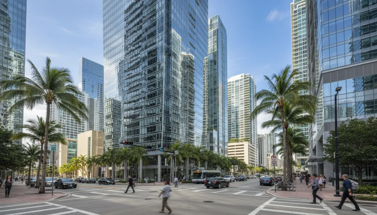 Professional street view of Miami’s Brickell business district with modern towers Professional street view of Miami’s Brickell business district with modern towers