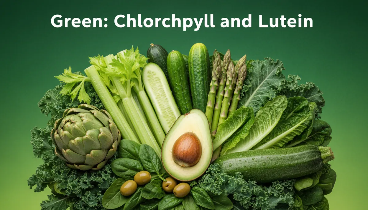 A professional, photorealistic image featuring green produce: avocado, cucumber, celery, asparagus, artichoke, zucchini, leafy greens, and olives. Place immediately under the 'Green: Chlorophyll and Lutein' section header. A professional, photorealistic image featuring green produce: avocado, cucumber, celery, asparagus, artichoke, zucchini, leafy greens, and olives. Place immediately under the 'Green: Chlorophyll and Lutein' section header.