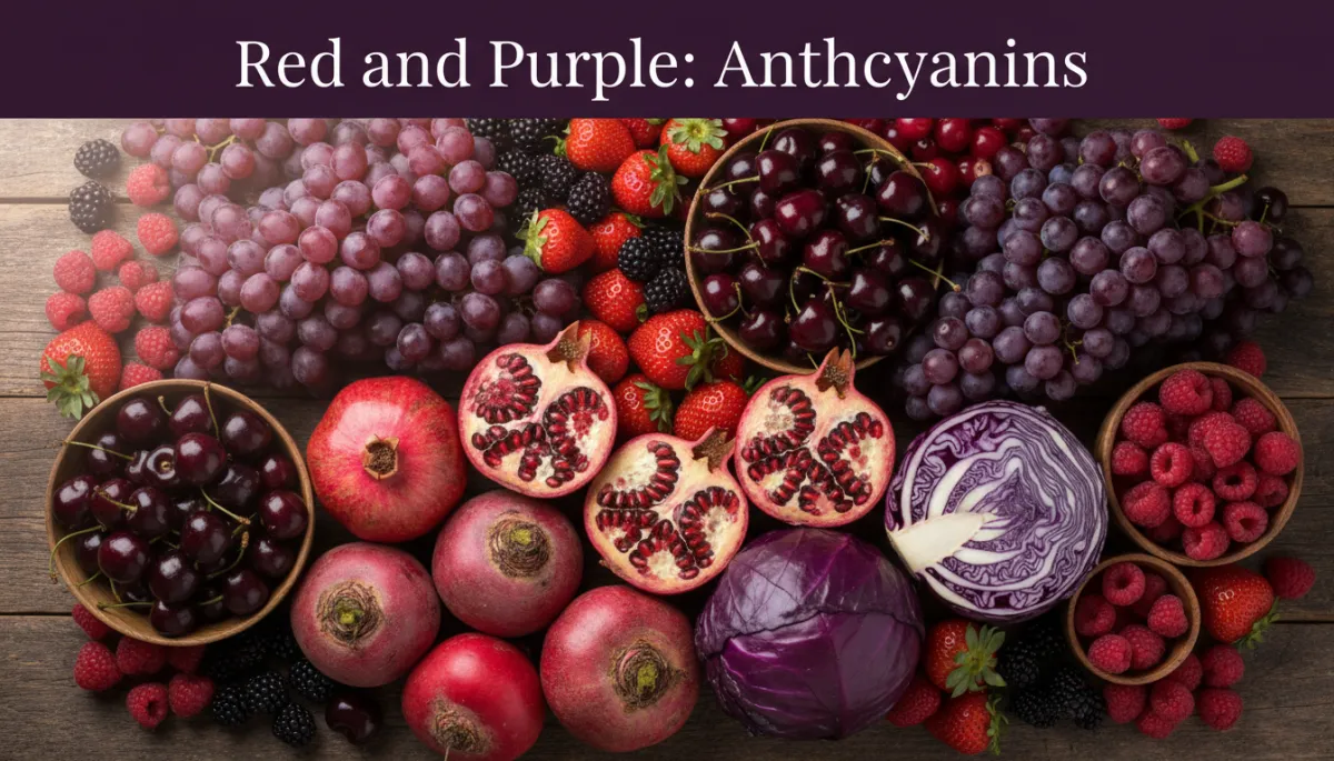 A professional, photorealistic image featuring red and purple produce: berries, red and purple grapes, beets, red and purple cabbage, cherries, and pomegranate. Place immediately under the 'Red and Purple: Anthocyanins' section header. A professional, photorealistic image featuring red and purple produce: berries, red and purple grapes, beets, red and purple cabbage, cherries, and pomegranate. Place immediately under the 'Red and Purple: Anthocyanins' section header.