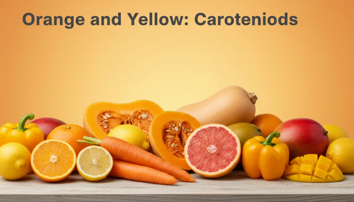 A professional, photorealistic image featuring orange and yellow produce: citrus (oranges, lemons, grapefruit), carrots, butternut squash, yellow peppers, and mango. Place immediately under the 'Orange and Yellow: Carotenoids' section header. A professional, photorealistic image featuring orange and yellow produce: citrus (oranges, lemons, grapefruit), carrots, butternut squash, yellow peppers, and mango. Place immediately under the 'Orange and Yellow: Carotenoids' section header.