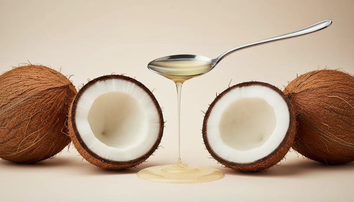 Photorealistic image of whole and halved coconuts with a spoonful of coconut oil, placed on a neutral background Photorealistic image of whole and halved coconuts with a spoonful of coconut oil, placed on a neutral background