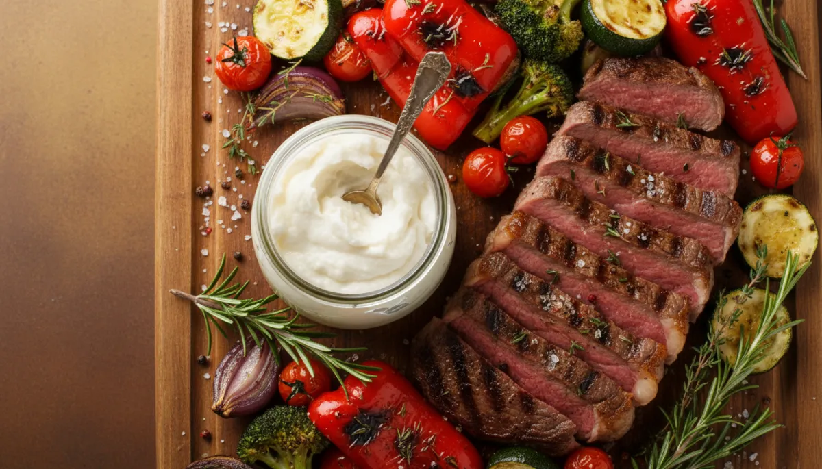 Photorealistic image of a glass jar of beef tallow surrounded by grilled steak and roasted vegetables Photorealistic image of a glass jar of beef tallow surrounded by grilled steak and roasted vegetables