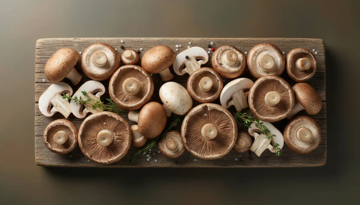 Photorealistic Pexels photo of fresh mushrooms, such as cremini, white button, or shiitake, grouped together on a wooden board or table. Natural light, real food photography. Photorealistic Pexels photo of fresh mushrooms, such as cremini, white button, or shiitake, grouped together on a wooden board or table. Natural light, real food photography.